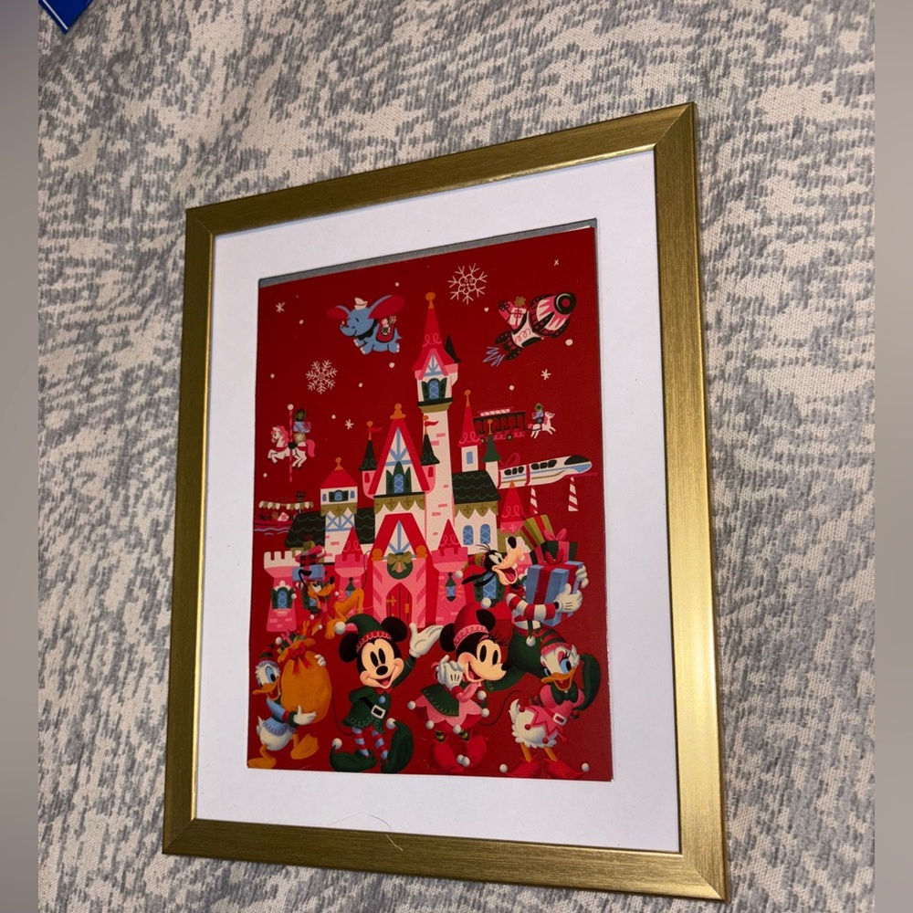 Disney castle Mickey Minnie monorail Christmas gold framed print cardstock 5 x 7